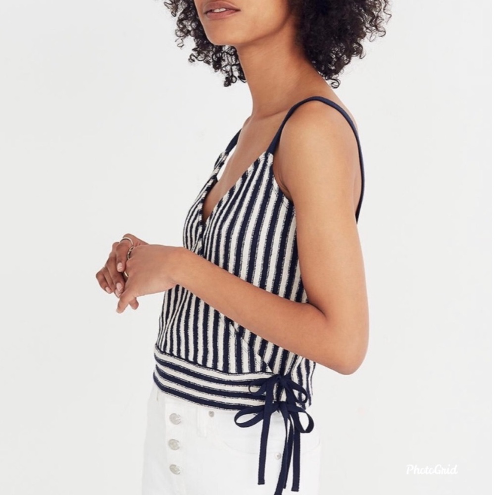 MADEWELL NAVY STRIPE CROP TANK WRAP FRONT SIDE TIE TEXTURED KNIT SIZE M